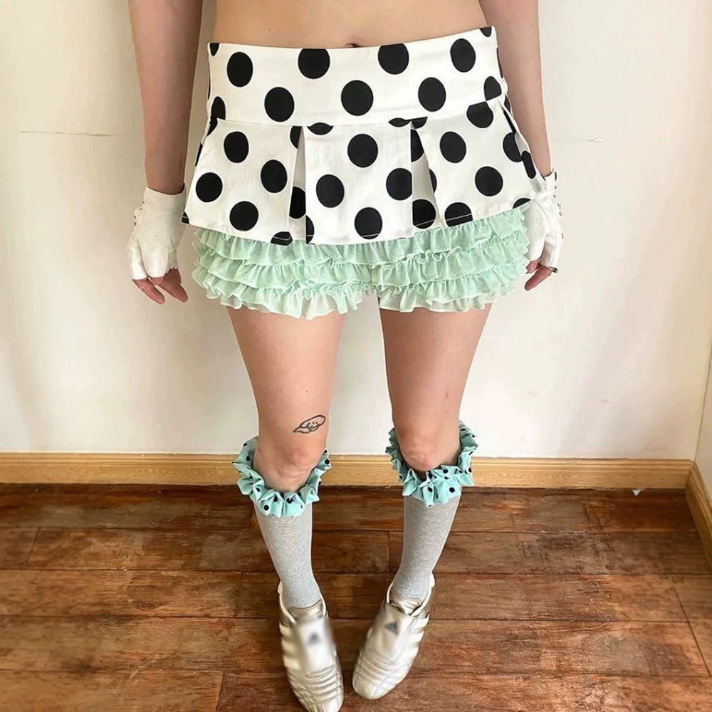 Zara Mint Green Polka Dot Y2K Pleated Mini Skirt Lace Trim Anti Exposure Cake